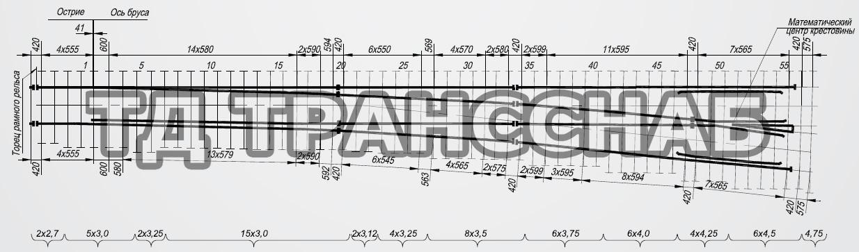 Схема укладки перевода стрелочного типа Р65 марки 1/11, пр. 65111Ж01.00.000А