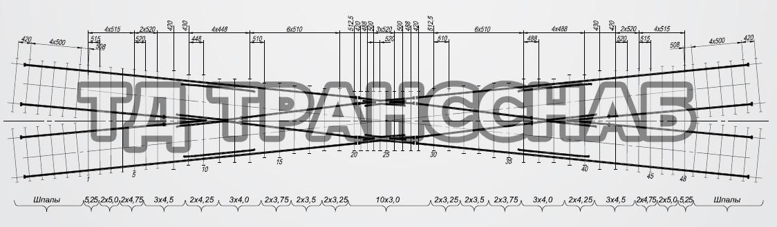 Схема укладки пересечения глухого типа Р65 марки 2/9, пр. ЛПТП.665123.008
